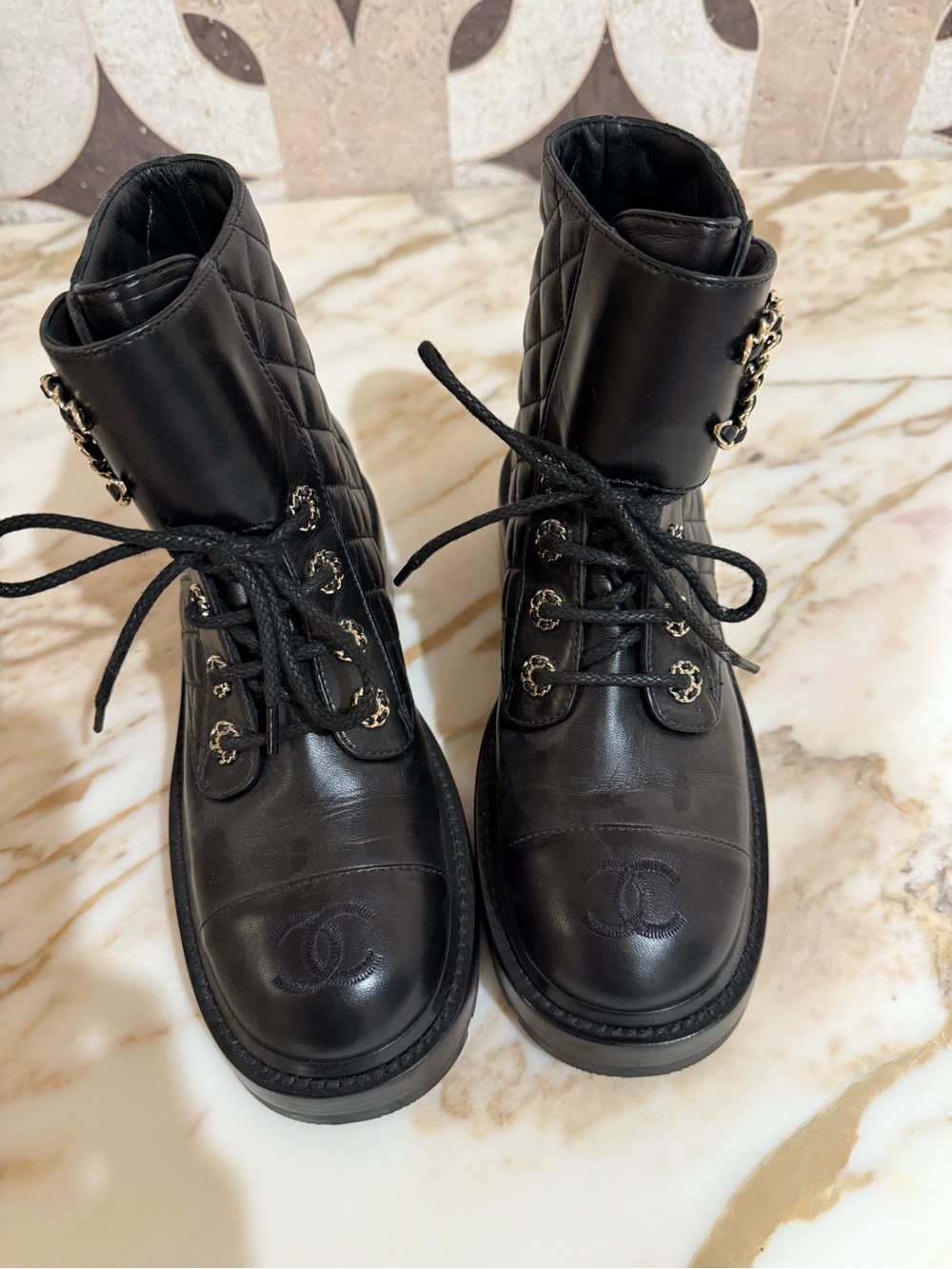 CHANEL Black Quilted Lace-Up Combat Boots size 6